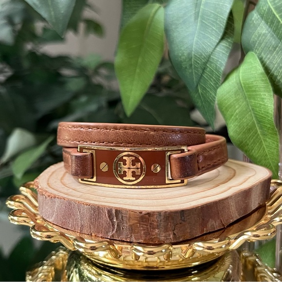Tory Burch Brown Leather Bracelet with Gold Logo